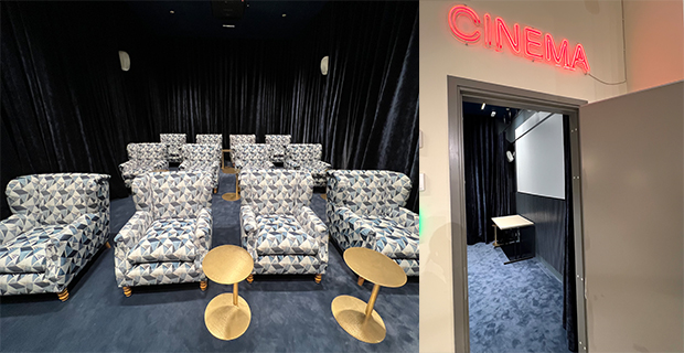 Origo Cinema med bekväma fåtöljer och ombonad miljö, som inspirerats av en biograf.
