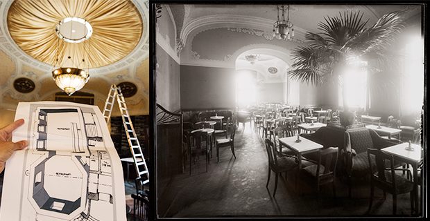 Bild från det pågående renoveringsarbetet och en bild från Dramatens restaurang då det begav sig.