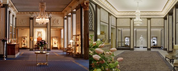 Grand Hôtels lobby före och efter renoveringen. Den nya nyrenoverade lobbyn är ljusare och inspirerad av hotellets byggår 1874.