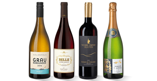 1. Adlerfels Grauburgunder - 2016 Trocken, Pfalz  2. Belle Ambiance Pinot Noir - 2015 California  3.The Wine Company Selection - 2015 Rosso di Toscana och  4. Marqués de Sandoval Cava - Brut, Cava DOP.