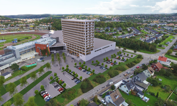Bredvid den 10 500 kvadratmeter stora Åbymässan byggs ett 16 våningar högt hotell. Bild: Arkitektbyrån design Göteborg