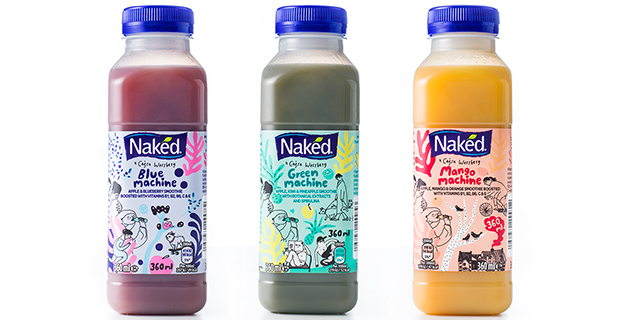 Green Machine, Blue Machine och Mango Machine, smoothies från Naked Juice.
